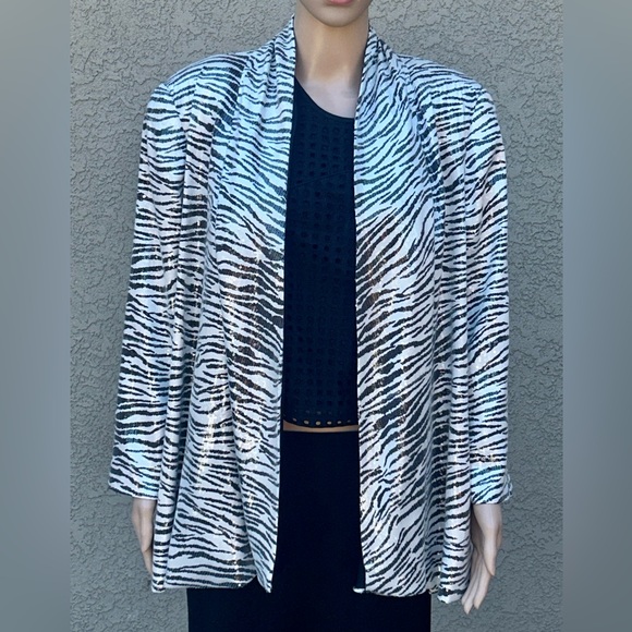Alberto Makali Open Front Drape Style Sequined Zebra Print Blazer Jacket sz L - Picture 2 of 11